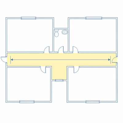 A blueprint-style floor plan with a highlighted hallway.