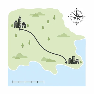 A map showing two cities separated by a route and an unlabeled scale bar.