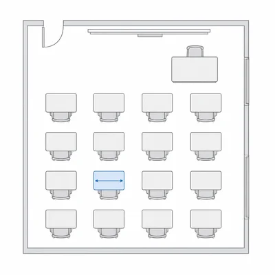 A classroom floor plan with one desk width highlighted.