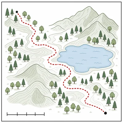 A trail map with a highlighted hiking path and an unlabeled scale bar.