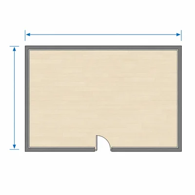 A rectangular room floor plan with length and width arrows.