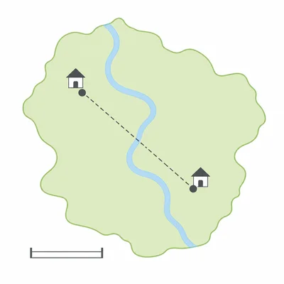 A simple map showing two towns connected by a measured distance.