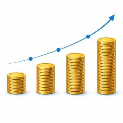 Four coin stacks increase in height with larger jumps between later stacks, showing changing yearly increases.