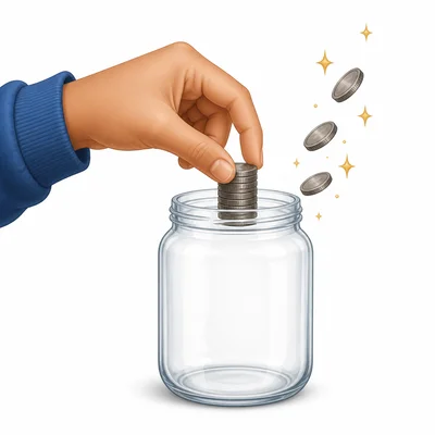 A hand places an original stack of coins into a savings jar, with smaller coins nearby suggesting added interest.