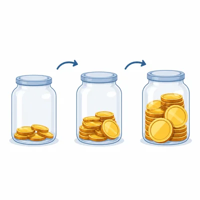 Three savings jars connected by arrows show the amount of money growing each step through compounding.
