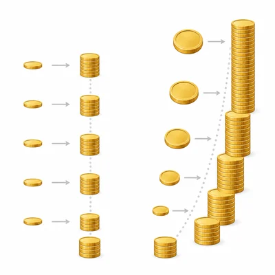 Two coin growth patterns compare steady equal increases with faster compounding increases.