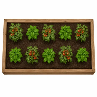 A garden bed with ten plants, six of them tomato plants.