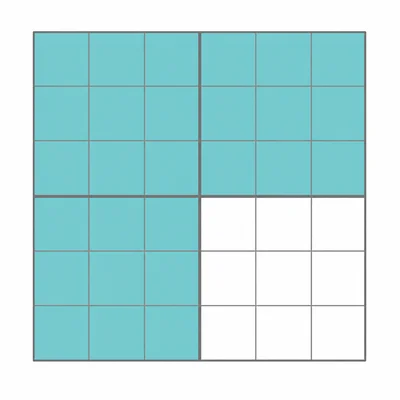 A thirty-six-part grid with twenty-seven parts shaded blue-green.