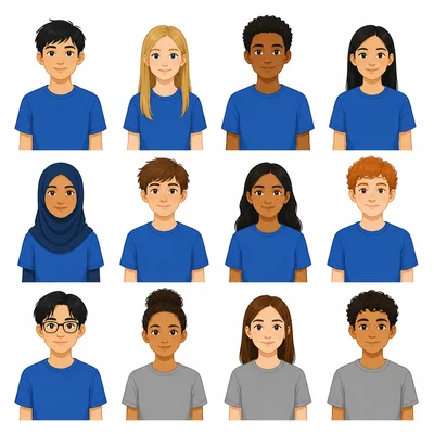 Twelve students are shown, with nine wearing blue shirts.