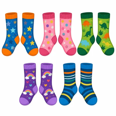 Five pairs of colorful socks arranged for counting.