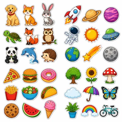 Four groups of ten colorful stickers.