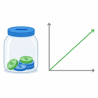 Savings jar with coins next to an unlabeled rising line graph.