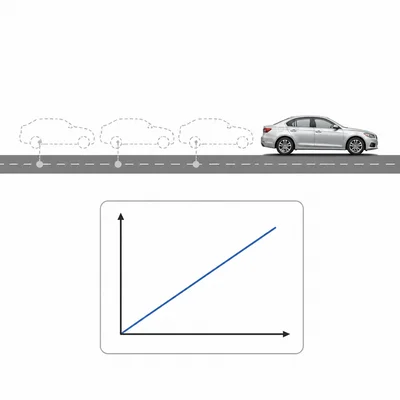 Car on a road with an unlabeled rising line graph indicating constant rate.