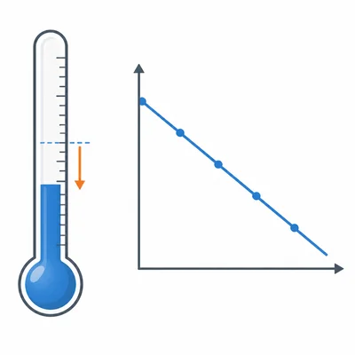 Thermometer and downward sloping graph showing temperature decreasing over time.