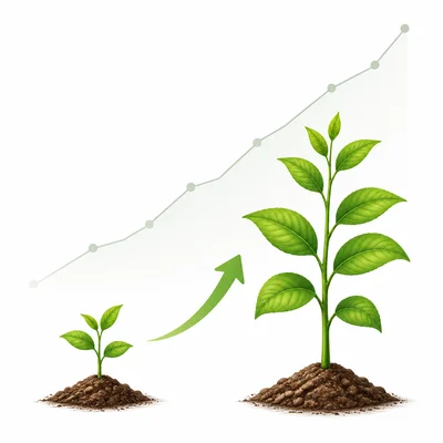 A plant growing taller with an upward arrow and faint rising graph.