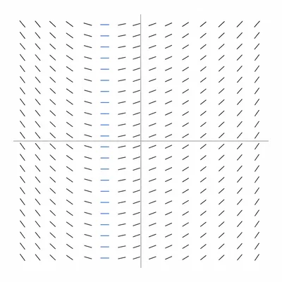 Slope field with horizontal segments along a vertical column left of the y-axis.