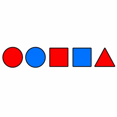 Five shapes: red circle, blue circle, red square, blue square, and red triangle.