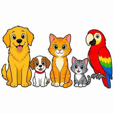 Five animals with big and small dogs and cats, plus a big bird.