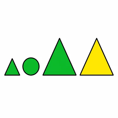 Four shapes including two green triangles, one green circle, and one yellow triangle.