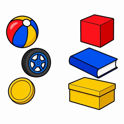 Two groups: round objects on one side and boxy objects on the other.