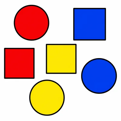 Six shapes in red, blue, and yellow: circles and squares.