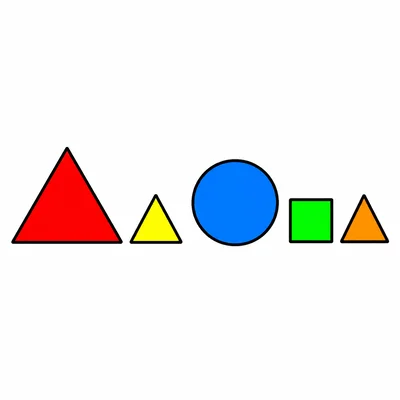 Five shapes with big and small triangles, a big circle, and a small square.