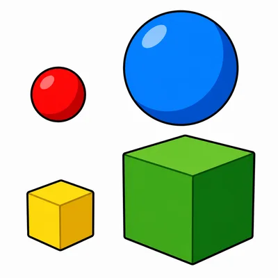 Small and big balls next to small and big blocks.