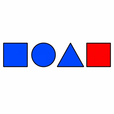 Four shapes: three blue shapes and one red square.