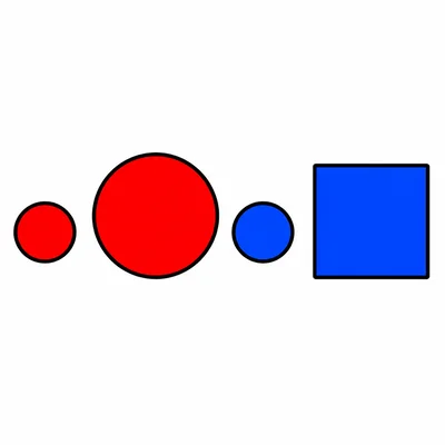 Three circles and one square in different sizes and colors.