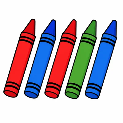 Five crayons: two red, two blue, and one green.