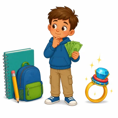 A child choosing between a school notebook and a toy ring.