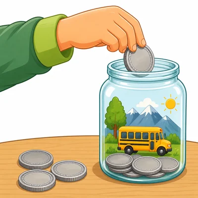 Three silver coins being placed into a collection jar.