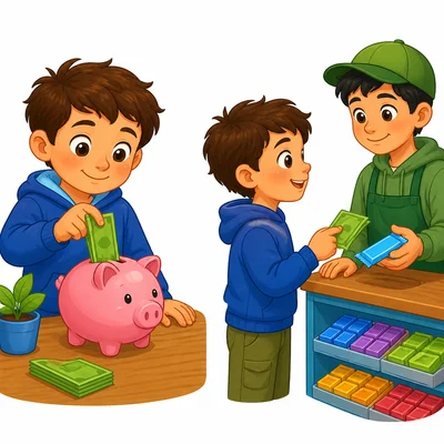 A child either saving money in a piggy bank or spending it on gum.