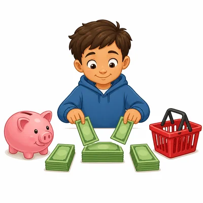 A child splitting money into two equal piles for saving and spending.