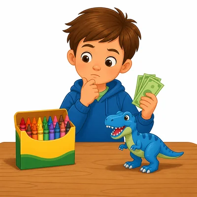 A child choosing between crayons and a small toy.