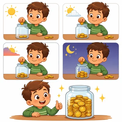 A child adding coins to a savings jar over several days.