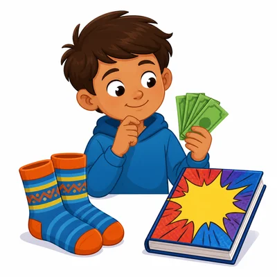 A child choosing between needed socks and a wanted comic book.