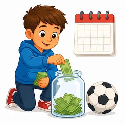 A child saving money in a jar for a soccer ball.
