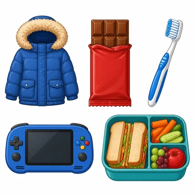 A winter coat, candy bar, toothbrush, video game, and lunch shown together.