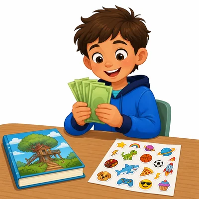 A child with money looking at a book and stickers.