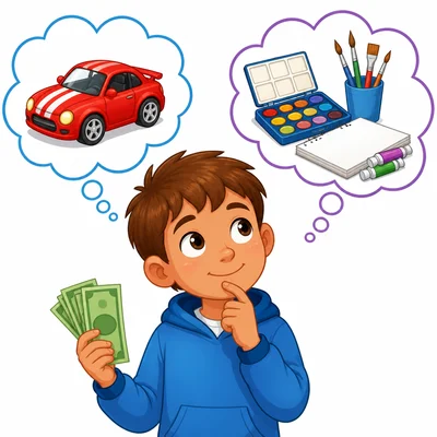A child deciding between buying a toy car or saving for an art set.