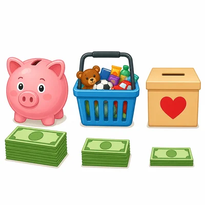 Three money containers for saving, spending, and giving.