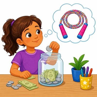 A child saving money for a jump rope.