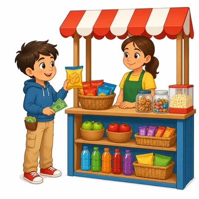 A child buying a snack and keeping some money.