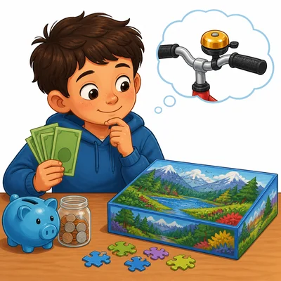 A child deciding whether to buy a puzzle or save for a bike bell.