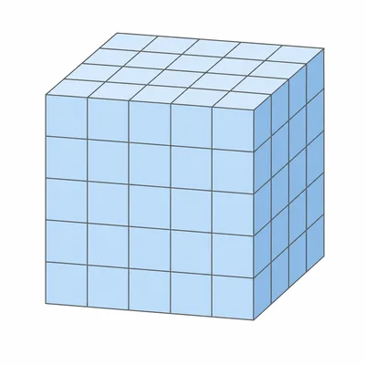 A cube made of smaller unit cubes with four cubes along each edge.