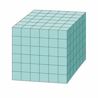 A cube made of smaller unit cubes with six cubes along each edge.