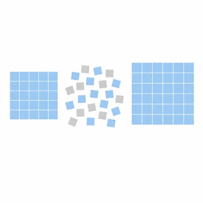 Two square grids compare a smaller and larger square with a tile cluster between them.