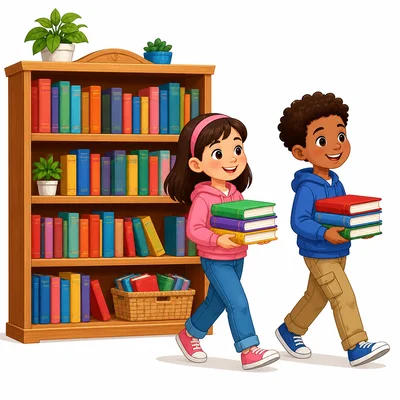 Students check out books from a library shelf.