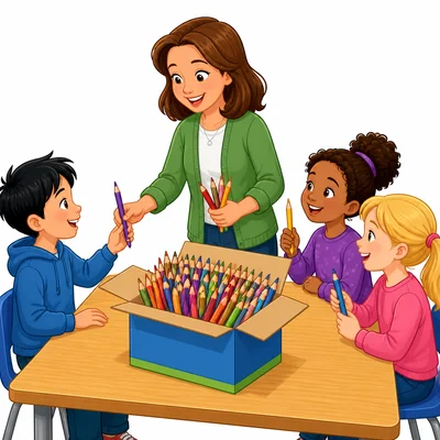 A teacher gives out pencils while some remain in a box.